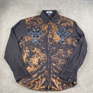 Men's XL Brown Graphic Print Button Down Shirt‎ with Cross Embellishments